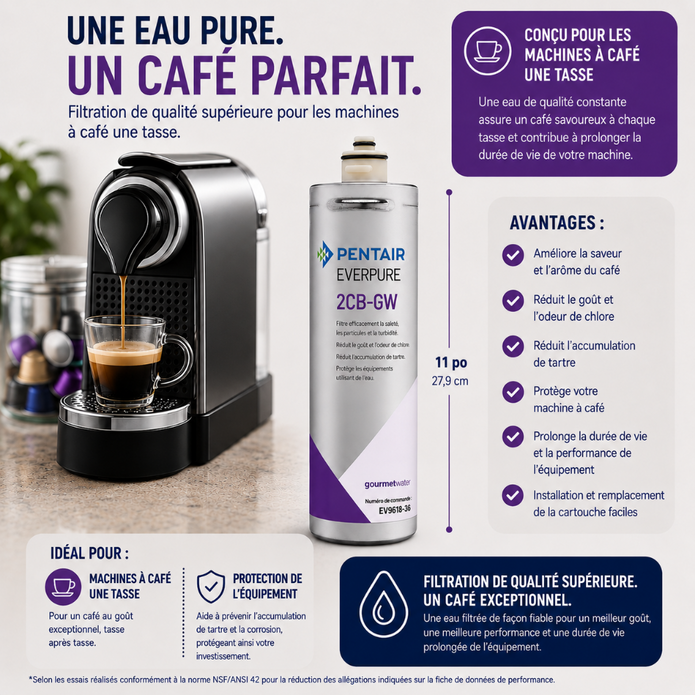 Promotional infographic for a Pentair Everpure 2CB-GW water filter canister, showing a coffee machine with espresso on the left and the white and purple filter canister in the center, with French text detailing benefits and usage on a light gray background.