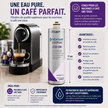 Promotional infographic for a Pentair Everpure 2CB-GW water filter canister, showing a coffee machine with espresso on the left and the white and purple filter canister in the center, with French text detailing benefits and usage on a light gray background.