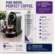 A promotional infographic for the Pentair Everpure 2CB-GW water filter canister. The image features a silver canister with purple and white branding, shown next to a coffee machine and a glass of coffee, with text detailing its benefits for single cup coffee machines.