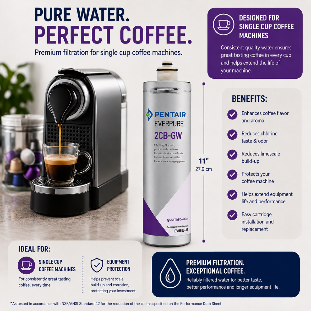 A promotional infographic for the Pentair Everpure 2CB-GW water filter canister. The image features a silver canister with purple and white branding, shown next to a coffee machine and a glass of coffee, with text detailing its benefits for single cup coffee machines.