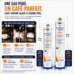Promotional infographic for Pentair Everpure water filters, showing two filter canisters labeled 2FCS-S and 4FCS-S with French text, capacity figures (6,000 gallons and 15,000 gallons), usage benefits, and product dimensions on a white background with blue water graphics.