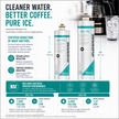 An infographic comparing two coffee filtration systems, 2FC-PS and 4FC-PS, showing their dimensions, flow rates, and certification details on a white background with blue and green text.