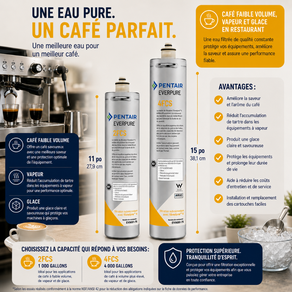 A promotional graphic for Pentair Everpure 4FCS coffee filter cartridges, showing two silver filter canisters (11L and 15L capacities) with French text overlays detailing product features, benefits, and specifications.