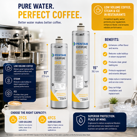 A promotional infographic for Pentair Everpure 4FCS water filters, showing three filter canisters in different sizes with text callouts about low volume coffee, steam, and ice, plus capacity and benefit information.