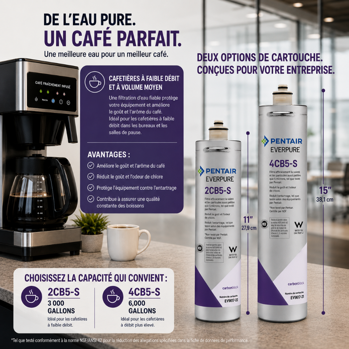 Promotional graphic for a Pentair Everpure water filter cartridge, showing a coffee maker, two filter canisters labeled 2CB5-S and 4CB5-S with dimensions, French marketing text, and capacity guidance.