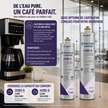 Promotional graphic for a Pentair Everpure water filter cartridge, showing a coffee maker, two filter canisters labeled 2CB5-S and 4CB5-S with dimensions, French marketing text, and capacity guidance.