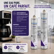Promotional graphic for Pentair Everpure water filter cartridges, showing two silver canisters labeled 4CB5-S and 7CB5-S with purple branding, alongside a coffee maker and French marketing text explaining benefits and capacity.