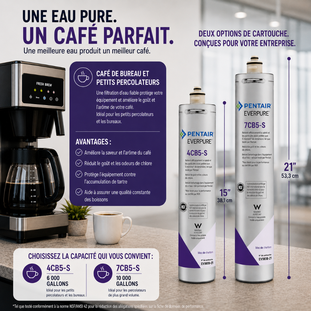 Promotional graphic for Pentair Everpure water filter cartridges, showing two silver canisters labeled 4CB5-S and 7CB5-S with purple branding, alongside a coffee maker and French marketing text explaining benefits and capacity.