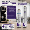 Pentair Everbright 4CB5-S and 7CB5-S pure water coffee filter cartridges shown next to a coffee maker and informational text, with dimensions labeled as 15 inches (38.1 cm) and 21 inches (53.