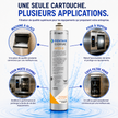 Pentair EverPure 4FCS-S water filter cartridge centered on a blue water splash background, with four circular application callouts around it for ice machines, steam ovens, combo coffee makers, and fresh coffee. French marketing text appears at the top.