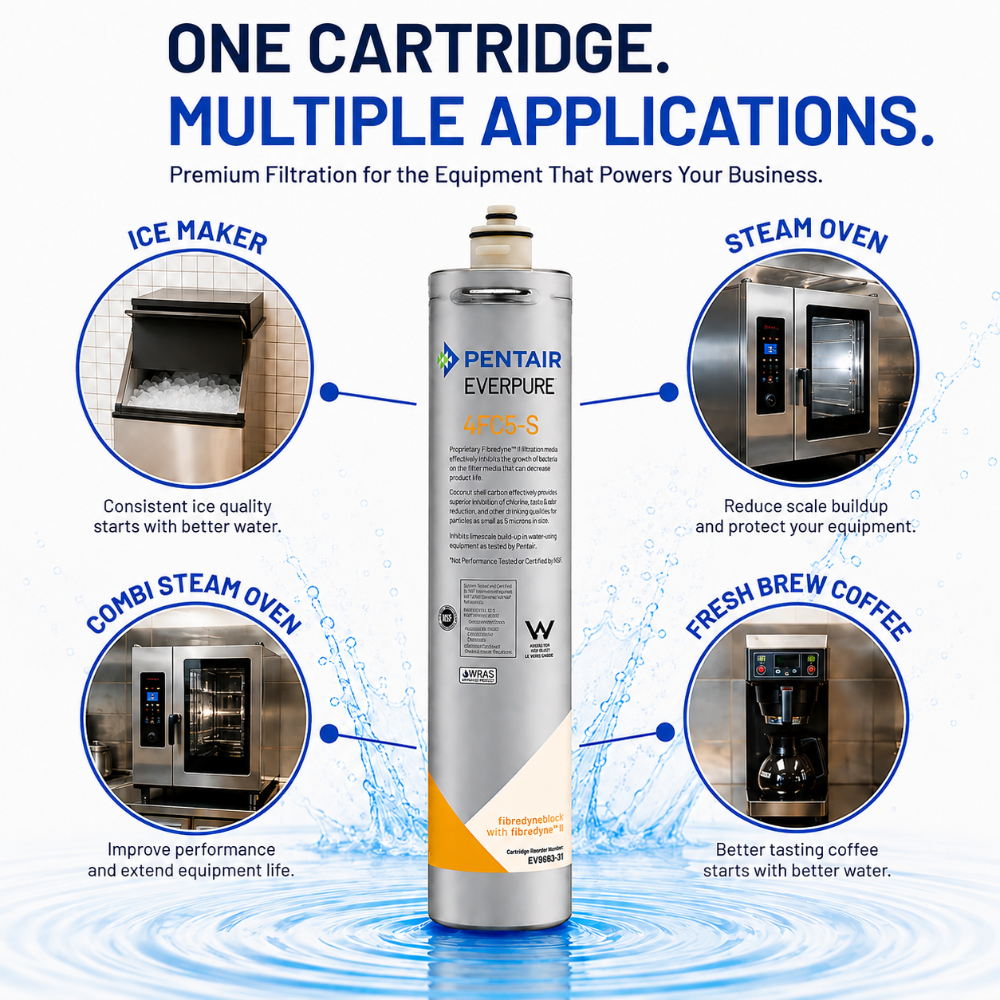 Pentair Everpure AP-CC-5 water filter cartridge centered on a white background with blue water splash graphics and four circular application callouts for ice maker, steam oven, combi steam oven, and fresh brew coffee.
