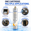 Pentair Everpure 470-5 water filter cartridge centered on a white background with marketing text and four circular inset photos showing use cases: ice maker, steam oven, combi steam oven, and fresh brew coffee. Blue water splash graphics frame the composition.