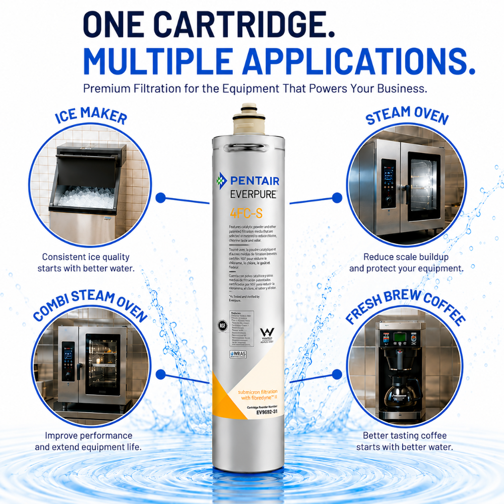 Pentair Everpure 470-5 water filter cartridge centered on a white background with marketing text and four circular inset photos showing use cases: ice maker, steam oven, combi steam oven, and fresh brew coffee. Blue water splash graphics frame the composition.