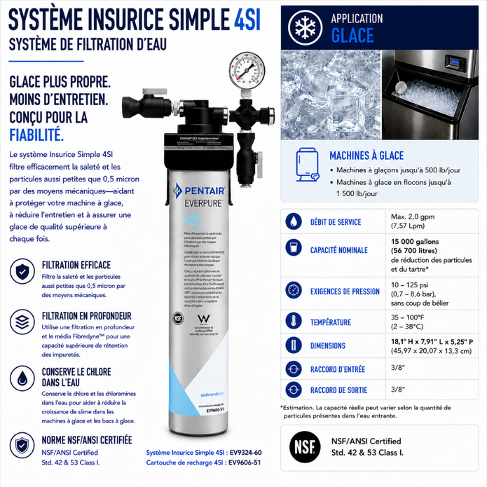 Technical product sheet for the Pentair Insurince Simple 4S1 water filtration system, showing the system's specifications, features, and application details in French and English on a white background.
