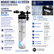 An infographic for the Insurince Single 4SI Water Filtration System, featuring a central product photo of a Pentair EverBrite inline filter with gauges and a pressure gauge, alongside technical specifications, application details for ice machines, and certification badges.