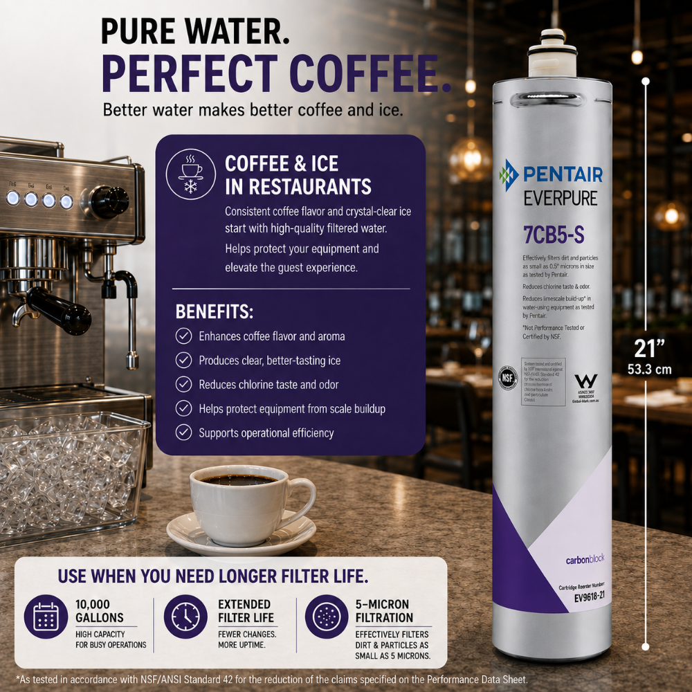 Pentair Everpure 7CB5-S carbonated water filter canister on a dark countertop with a coffee machine, coffee cup, and restaurant-style background. The image includes marketing text, benefits, and dimensions for the filter canister.