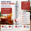 A promotional infographic for the Pentair EverLure 75D water softener cartridge. The image features the silver and white cartridge in the center, surrounded by coffee cups, a lemonade glass, and informational text boxes detailing benefits, capacity, flow rate, hardness, and consistent performance.