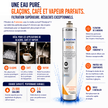 A Pentair EverPure 7FCS-25 water filter canister shown on a white background with French marketing text, icons, and demonstration photos of filtered water for glaces, coffee, and steamers.