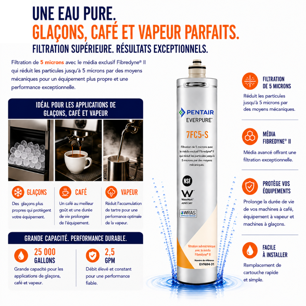 A Pentair EverPure 7FCS-25 water filter canister shown on a white background with French marketing text, icons, and demonstration photos of filtered water for glaces, coffee, and steamers.