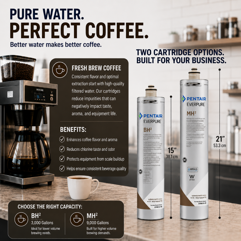 Promotional graphic for Pentair Everpure coffee filter cartridges, showing a coffee maker on the left, a white cup, and two tall filter cartridges labeled BH² and MH² with dimensions and capacity details on a kitchen-style background.