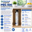 Pentair Everpure PBS-400 water filtration system with a built-in pitcher, shown on a white background with French text specifications, icons, and a small lifestyle image of water flowing from a faucet.