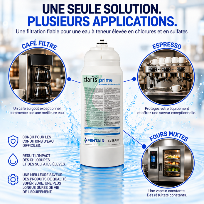 Pentair Claris Prime water filter cartridge shown on a blue promotional graphic with French text, including coffee maker and espresso machine usage examples.