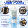Pentair Claris Prime water filter cartridge shown on a blue promotional graphic with French text, including coffee maker and espresso machine usage examples.