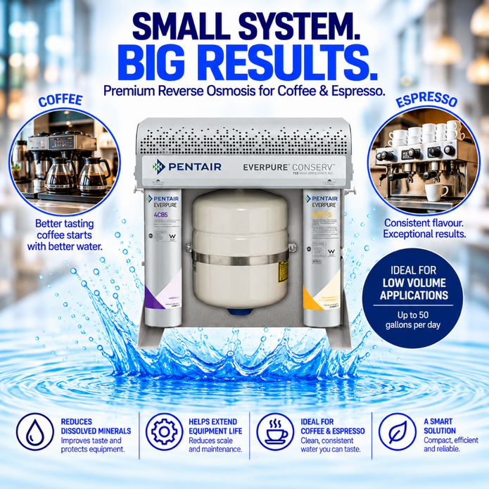 Pentair Everpure Pro 4 coffee and espresso reverse osmosis system shown in a promotional graphic with water splash effects, labeled coffee and espresso use cases, and feature icons at the bottom.