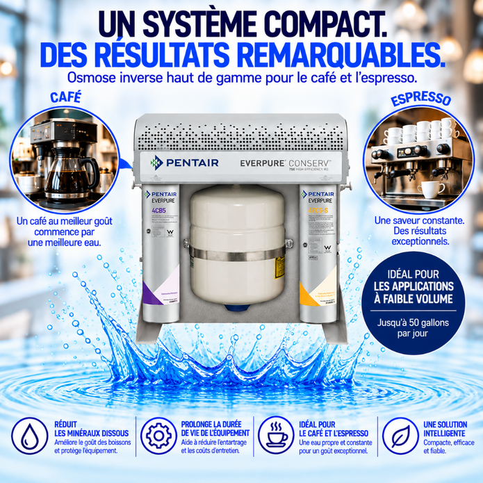 Pentair Everpure Conserv compact water filtration system in a white and silver container with purple and blue accents, shown with French marketing text, coffee and espresso illustrations, and water splash graphics at the bottom.