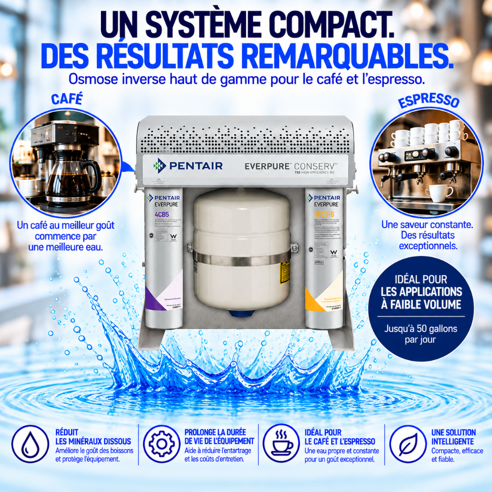 Pentair Everpure Conserv compact water filtration system in a white and silver container with purple and blue accents, shown with French marketing text, coffee and espresso illustrations, and water splash graphics at the bottom.