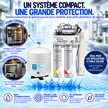 Pentair compact water filtration system with a white storage tank, two filter canisters, and a control module, presented on a blue water splash background with French promotional text and inset application photos.