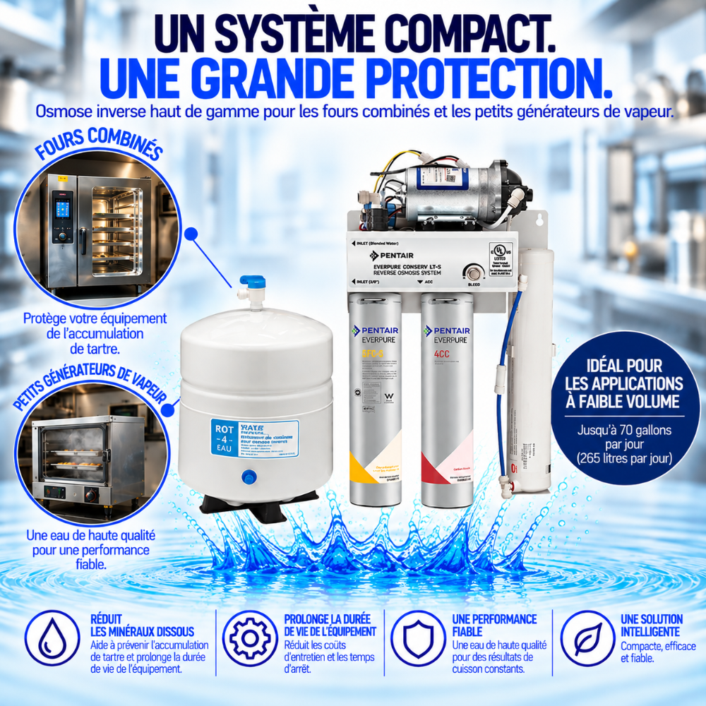 Pentair compact water filtration system with a white storage tank, two filter canisters, and a control module, presented on a blue water splash background with French promotional text and inset application photos.