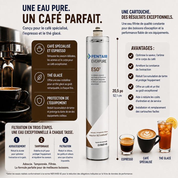 Pentair Everpure ESO water filter pitcher package and system diagram in French, showing the white cylindrical filter canister, coffee preparation tips, and a before/after coffee comparison with espresso and the glàce.