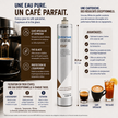 Pentair Everpure ESO water filter pitcher package and system diagram in French, showing the white cylindrical filter canister, coffee preparation tips, and a before/after coffee comparison with espresso and the glàce.