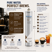 An infographic for the Pentair Everpure ES50 water filter pitcher, showing the white and blue cylindrical pitcher in the center, with text detailing benefits, three stage filtration steps, compatibility with specialty coffee, espresso, iced tea, and cold brew, and a small brewed coffee cup at the bottom right.