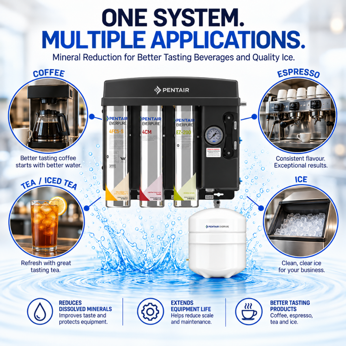 Pentair water filtration system advertisement featuring a black countertop machine with four colored filter cartridges and a white ice maker, surrounded by circular callouts for coffee, espresso, tea/iced tea, and ice, with marketing text about mineral reduction and multiple applications.