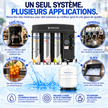 Pentair water filter system advertisement featuring a black countertop filter machine with four colored cartridges and a white storage tank, surrounded by French callouts for coffee, espresso, iced tea, and ice quality.
