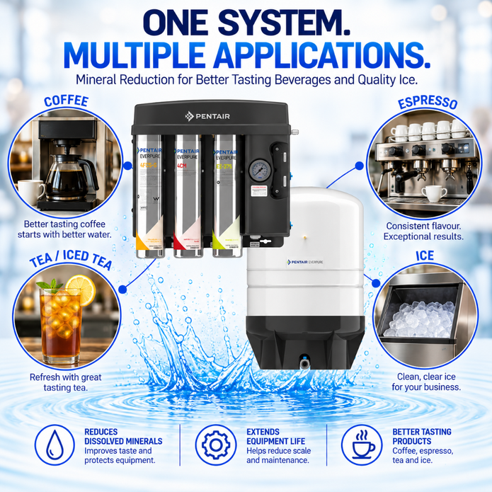 Pentair ice maker and coffee water system promotional graphic showing a black and white machine with three beverage tanks, surrounded by callouts for coffee, espresso, tea/iced tea, and ice, with text emphasizing one system for multiple applications.