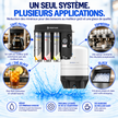 Pentair multi-applicator water filter system advertisement with French text, showing the white and black filter unit with three colored reservoir tanks, plus circular inset photos of coffee, tea, and ice applications.