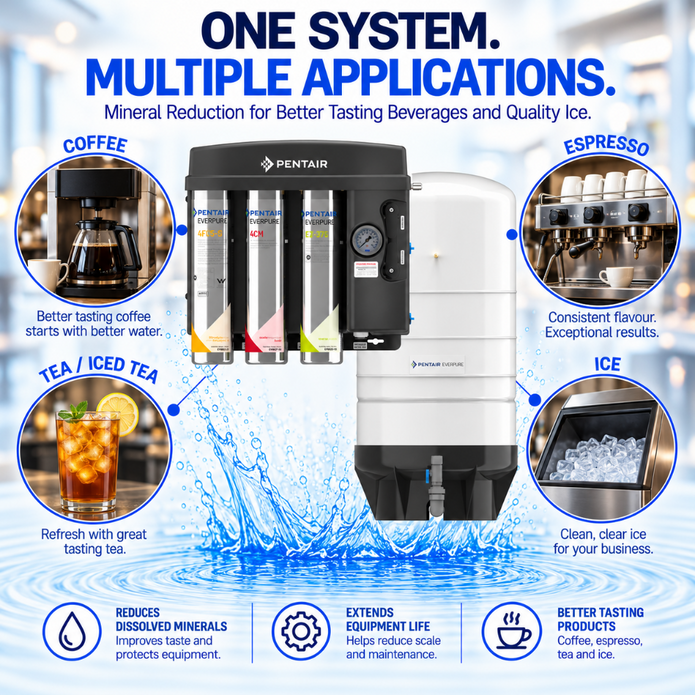 Pentair water filtration system for coffee, espresso, tea, and ice, shown with four circular application callouts on a blue water splash background.