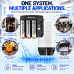 Pentair water filtration system for coffee, espresso, tea, and ice, shown with four circular application callouts on a blue water splash background.