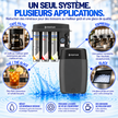 Pentair water filtration and dispensing system promotional graphic in French, showing a black countertop machine with three colored water reservoirs, a separate black canister unit, and circular inset photos for coffee filter, espresso, tea/ice, and soft drinks. Large headline text reads 'UN SEUL SYSTÈME.