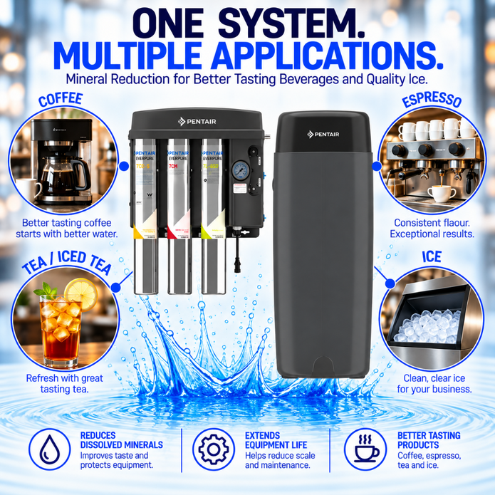 Pentair water filtration system advertisement showing a dark gray countertop machine with three cartridge tanks and a separate black reservoir, surrounded by circular callouts for coffee, tea/iced tea, and espresso, plus icons for mineral reduction and equipment life extension.