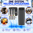 Pentair water filtration system advertisement showing a dark gray countertop machine with three cartridge tanks and a separate black reservoir, surrounded by circular callouts for coffee, tea/iced tea, and espresso, plus icons for mineral reduction and equipment life extension.