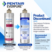 Pentair Everpure ProSeries 1500 replacement cartridge shown alongside a recommended replacement, the Everpure Quantum 1000 cartridge. The image includes a 'Product Discontinued' notice and product specifications.