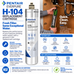 Pentair Everpure H-104 replacement filter cartridge shown in a promotional infographic with product details, installation context, icons for filters out, key specifications, and NSF certification. The main product is a white cylindrical cartridge with blue and black text and graphics.