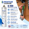 Pentair Everpure S-100 replacement filter cartridge shown alongside a person holding a branded green and black replacement filter, with product features and benefits listed on a light gray background and a small wood-surface inset.