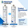 Pentair Everpure replacement filter cartridge graphic showing the discontinued S-104 cartridge on the left and the recommended replacement S-100 cartridge on the right, with text explaining the product is discontinued and providing the recommended replacement code.