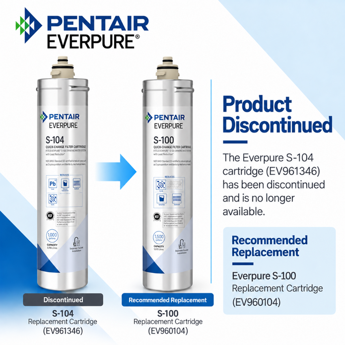 Pentair Everpure replacement filter cartridge graphic showing the discontinued S-104 cartridge on the left and the recommended replacement S-100 cartridge on the right, with text explaining the product is discontinued and providing the recommended replacement code.