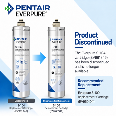 Pentair Everpure replacement filter cartridge graphic showing the discontinued S-104 cartridge on the left and the recommended replacement S-100 cartridge on the right, with text explaining the product is discontinued and providing the recommended replacement code.